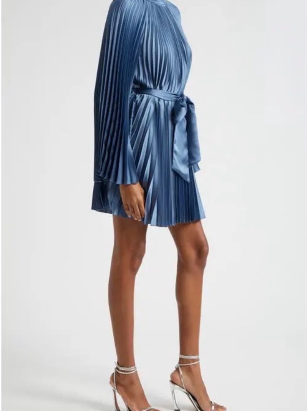 Milly Pleated Satin Mini Dress in Steel Blue
